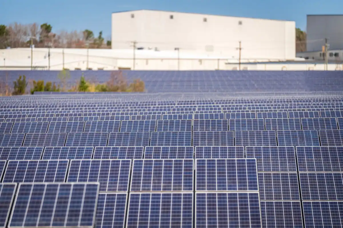 Parc solar întins cu panouri fotovoltaice care produc energie regenerabilă
