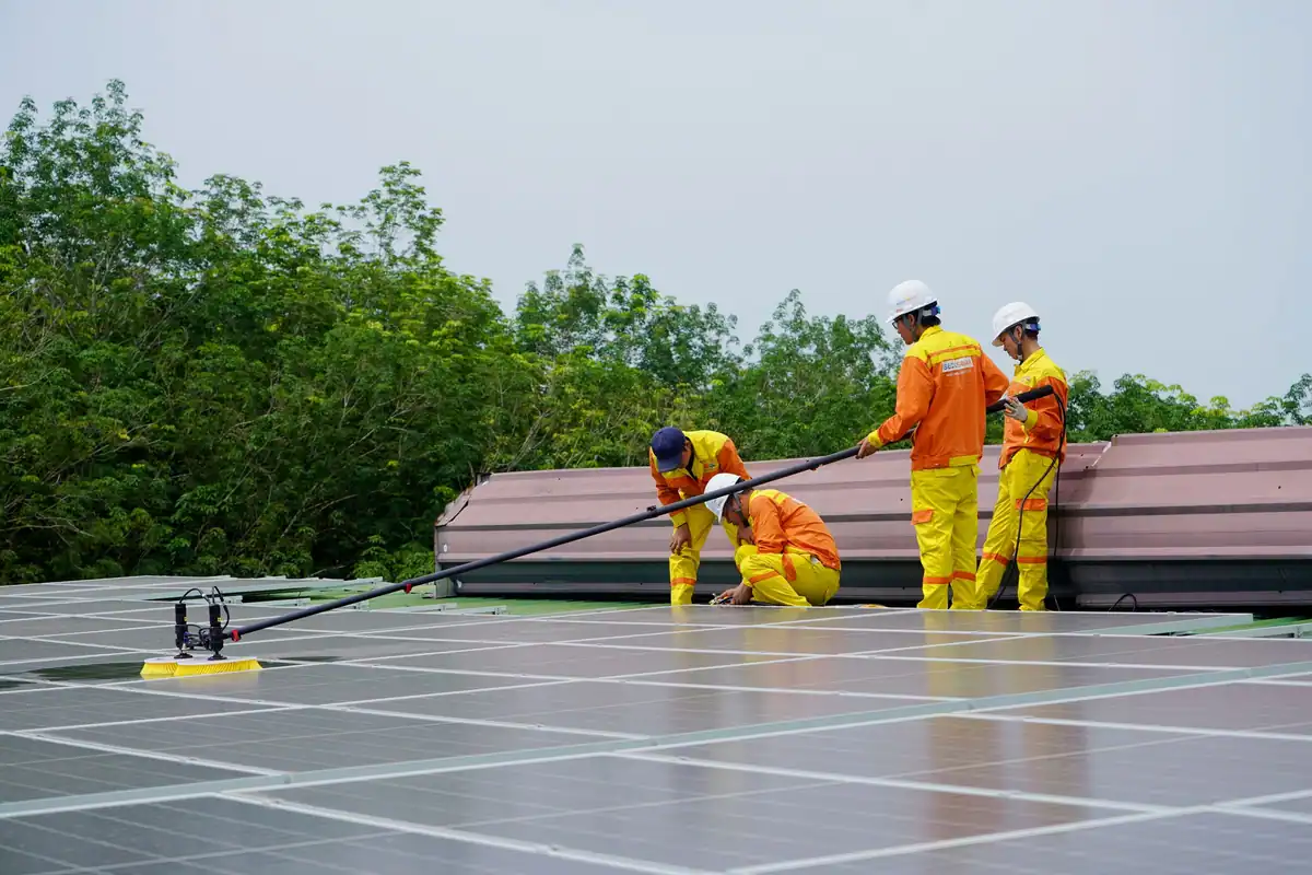 Echipă de muncitori care curăță panourile fotovoltaice într-o zi însorită
