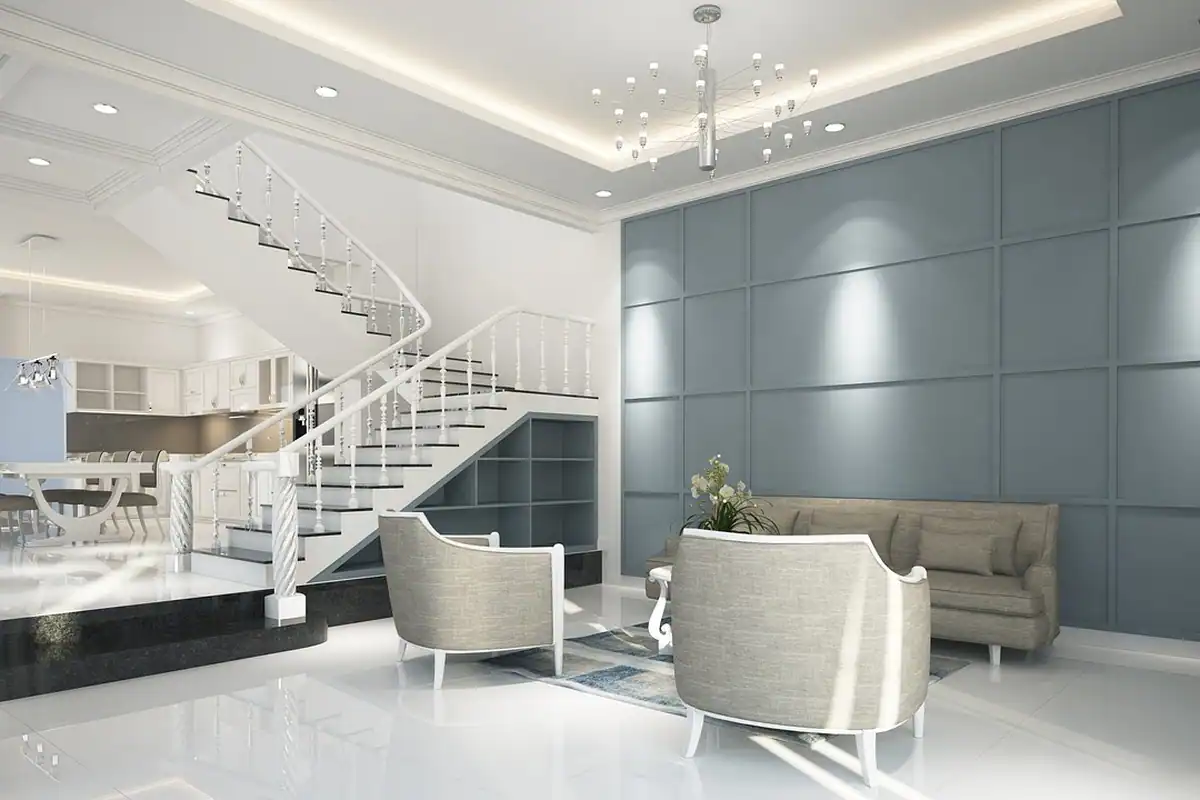 Calorifer alb cu panouri montat pe un perete din living, încălzire cu pompă de căldură