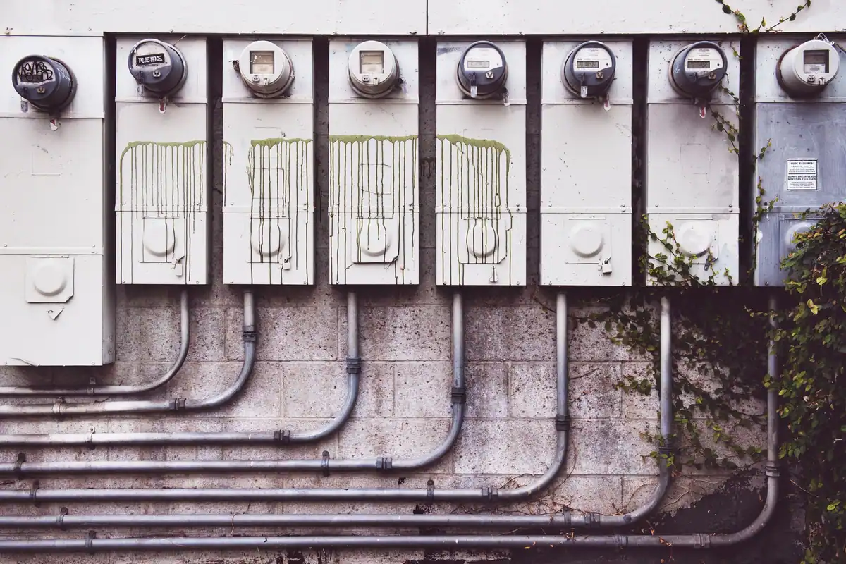 Șir de contoare electrice montate pe un zid de cărămidă acoperit cu viță