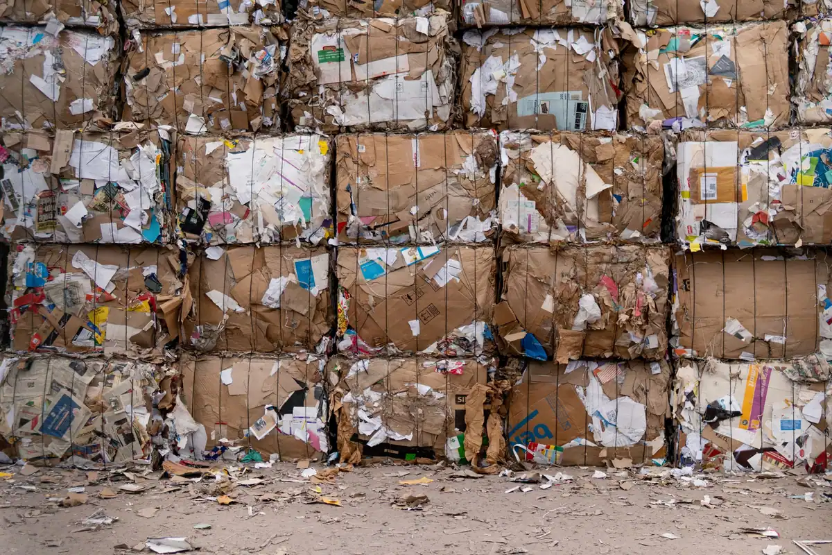 Baloți mari de carton reciclat stivuiți în aer liber, gata de procesare
