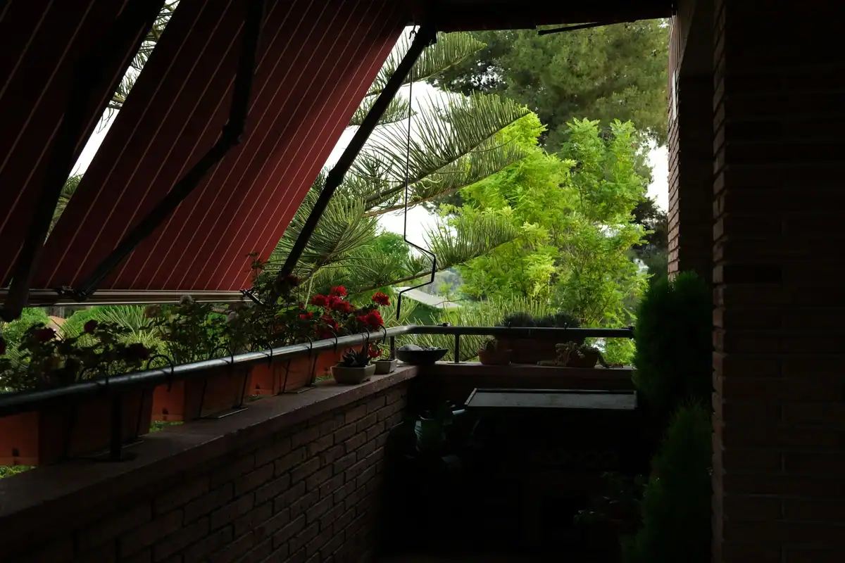 Balcon umbrit cu plante în ghivece și coroane de copaci care răcoresc locuința